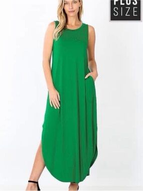 Zenana Kelly Green Sleeveless Maxi Dress Pockets Side Slit Coastal Casual 3X New